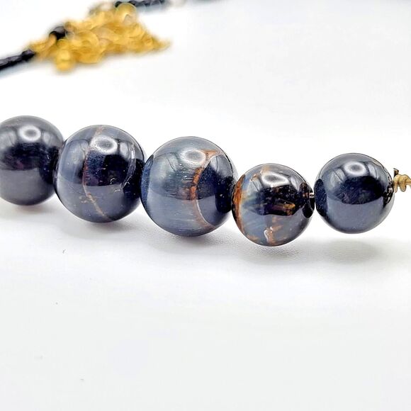 Vtg Tiger's Eye and Black Glass Beads Brasstone Earrings and Necklace Set Maya's - Picture 7 of 8